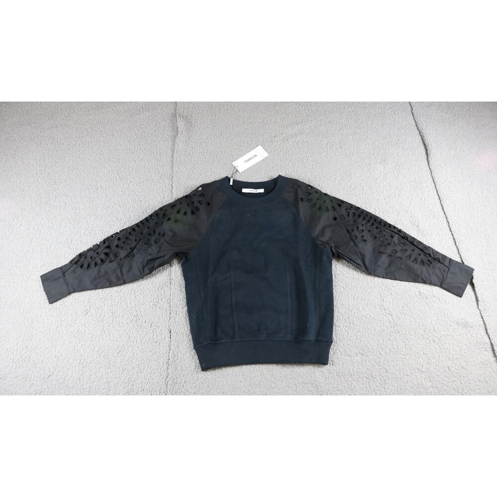 New Thakoon Sweatshirt Womens Xs Black Embroidered Ballon Eyelet Pullover